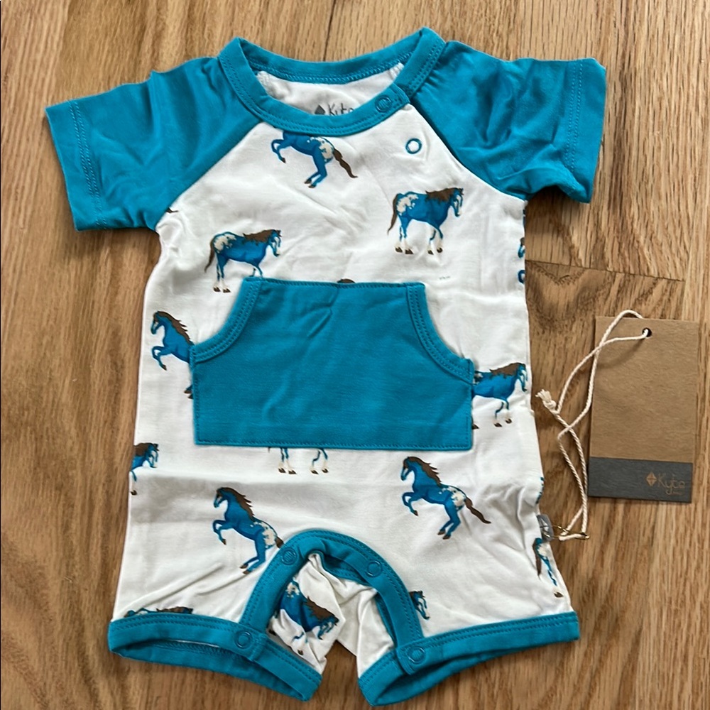 Kyte BABY Blue and White Horse Print One Piece